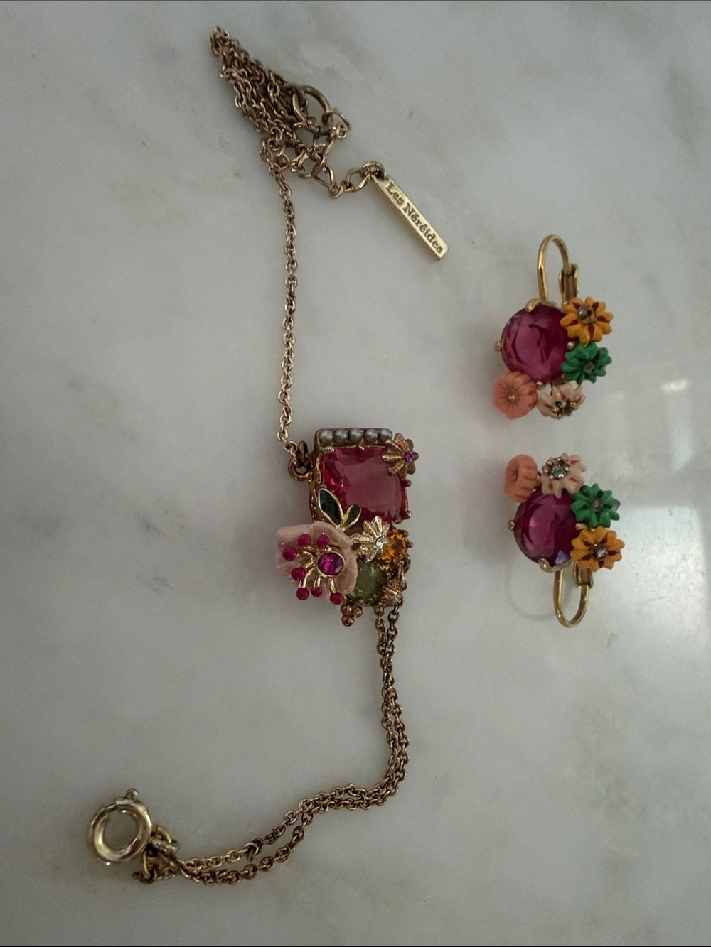 Gold-Tone Pink Crystal Floral Bracelet and Earrings Set